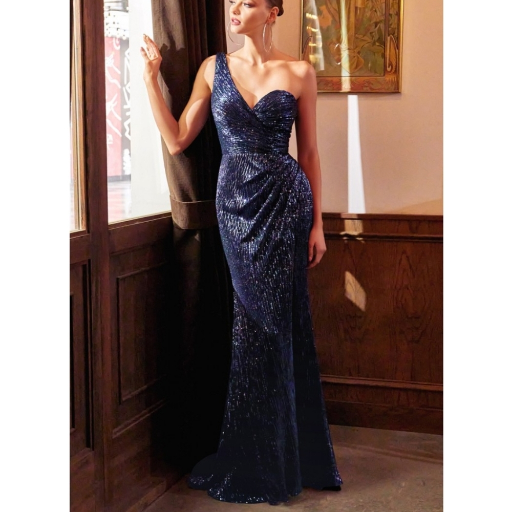 One Shoulder Navy Blue Sequin Gown CH182